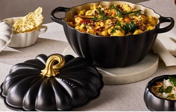 [21238240002441] LE CREUSET COCOTTE CITROUILLE SIGNATURE 24CM NOIR MAT POIGNEE DOREE